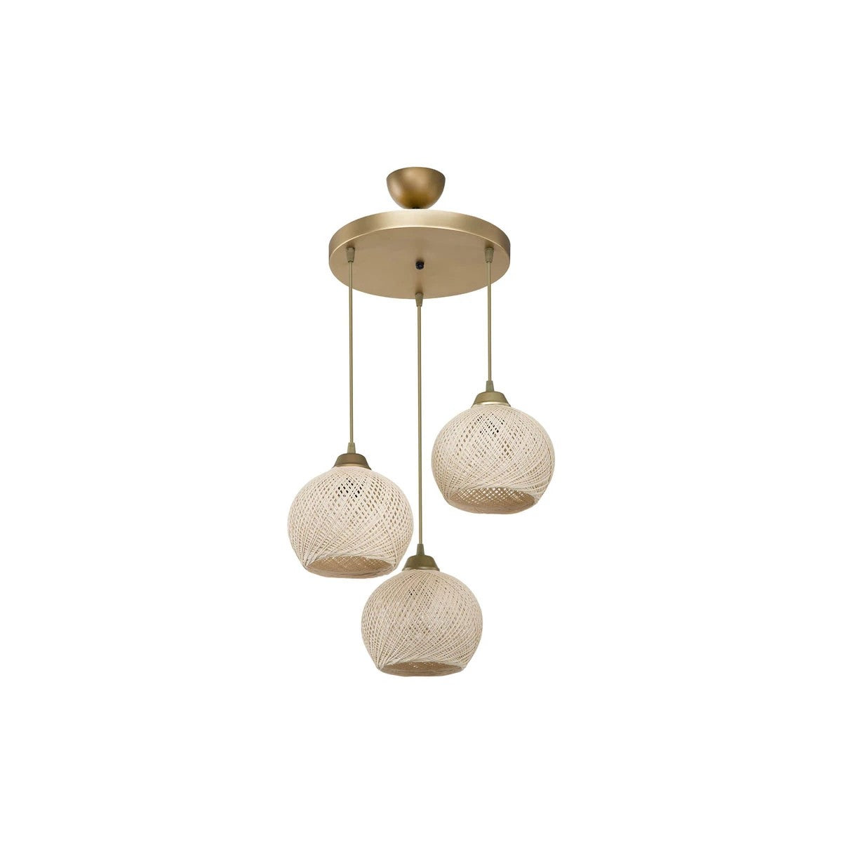 GloboStar® ILLUMIO 201-0027 Vintage Κρεμαστό Φωτιστικό Μπάλα Τρίφωτο 3 x E27 IP20 Χρυσό Μέταλλο με Μπεζ Σχοινί - Μ30 x Π30 x Υ70cm - ledmania.gr