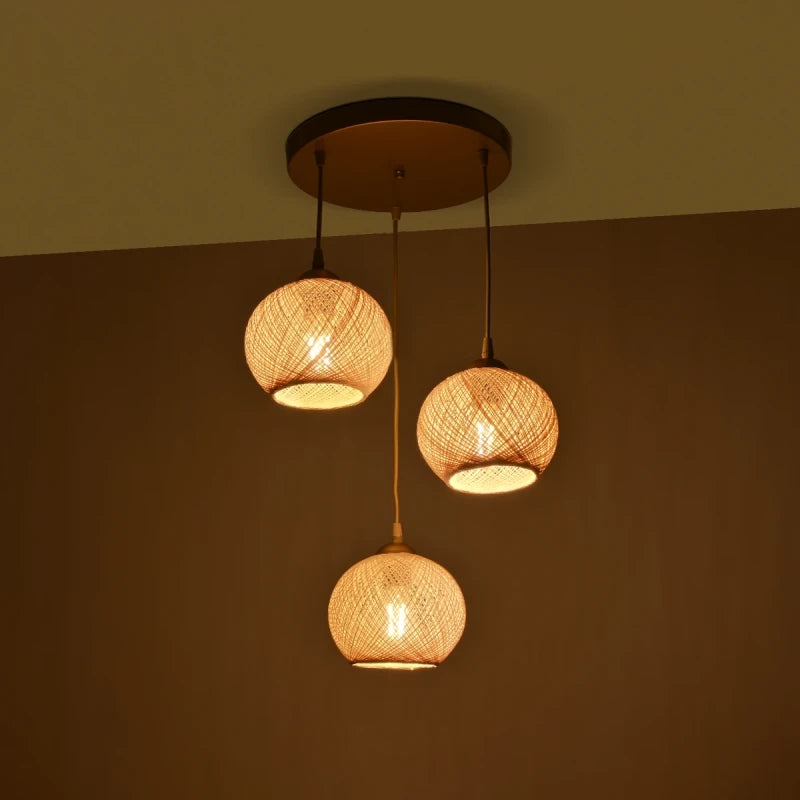GloboStar® ILLUMIO 201-0027 Vintage Κρεμαστό Φωτιστικό Μπάλα Τρίφωτο 3 x E27 IP20 Χρυσό Μέταλλο με Μπεζ Σχοινί - Μ30 x Π30 x Υ70cm
