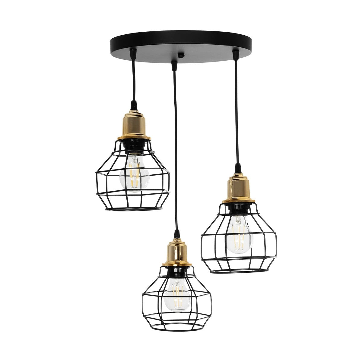 GLOBOSTAR® NOVARAY 201-0083 Vintage Κρεμαστό Φωτιστικό Οροφής με Ντουί 3 x E27 AC 220-240V IP20 - Μαύρο & Χρυσό - Μ40 x Π40 x Υ50cm