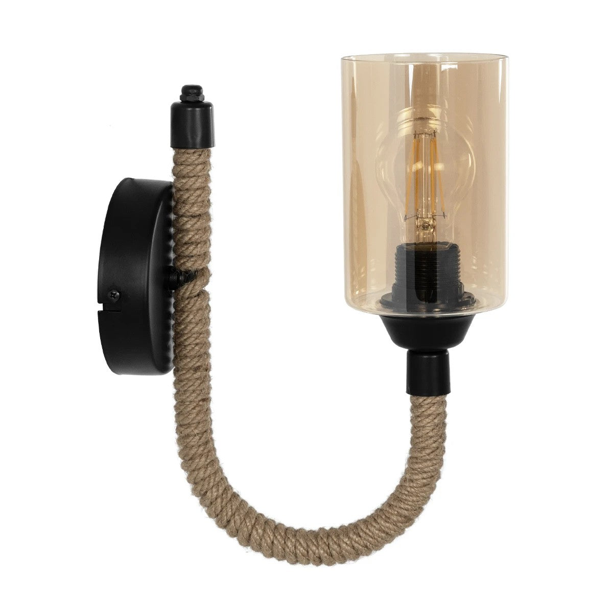 GloboStar® RIFT 203-0002 Vintage Επιτοίχιο Φωτιστικό Απλίκα Σχοινί Μονόφωτο 1 x E27 IP20 Μαύρο Μέταλλο με Μπεζ Σχοινί με Φιμέ Γυαλί - Μ12 x Π24 x Υ31cm - ledmania.gr