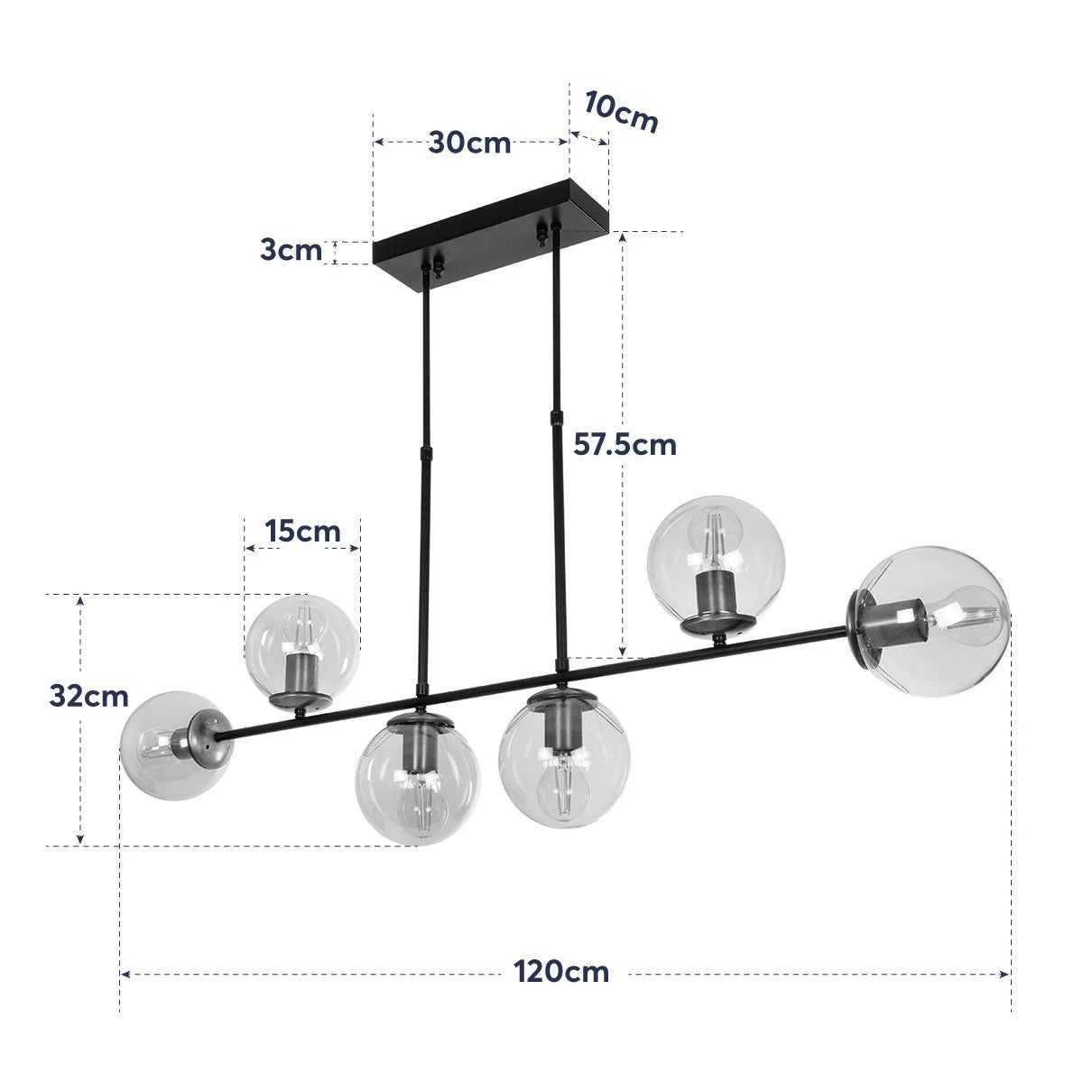 GloboStar® LATTICE 203-0016 Μοντέρνο Κρεμαστό Φωτιστικό Μπάλα Πολύφωτο 6 x E27 IP20 Μαύρο & Μπρούτζινο Μέταλλο με Mελί Γυαλί - Μ120 x Π15 x Υ32cm - ledmania.gr