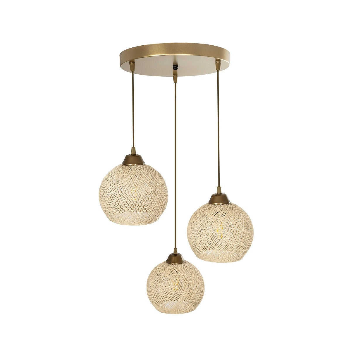 GloboStar® YASAM 203-0024 Vintage Κρεμαστό Φωτιστικό Πλέγμα Τρίφωτο 3 x E27 IP20 Μπεζ Ρατάν - Μ42 x Π42 x Υ54cm - ledmania.gr