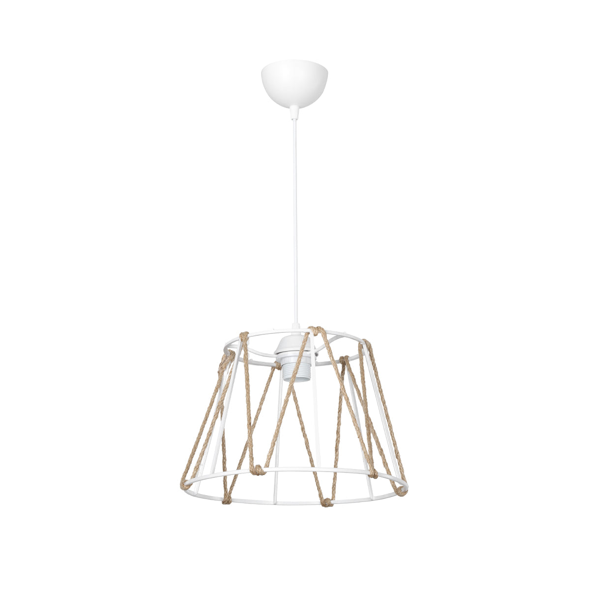 GloboStar® JUTE 203-0091 Μοντέρνο Κρεμαστό Φωτιστικό Σχοινί Μονόφωτο 1 x E27 IP20 Λευκό Μεταλλό με Μπεζ Σχοινί- Μ30 x Π30 x Υ75cm - ledmania.gr