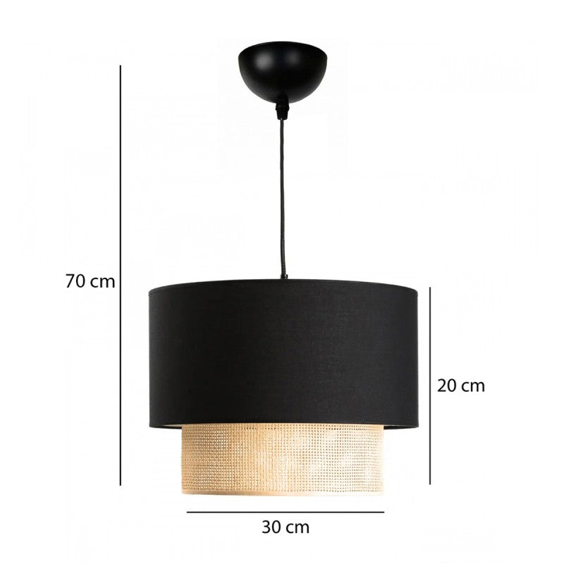 GloboStar® BIGGIE 204-0098 Μοντέρνο Κρεμαστό Φωτιστικό Kαπέλο Μονόφωτο 1 x E27 IP20 Μαύρο Ύφασμα με Μπεζ Rattan - Μ30 x Π30 x Υ70cm - ledmania.gr