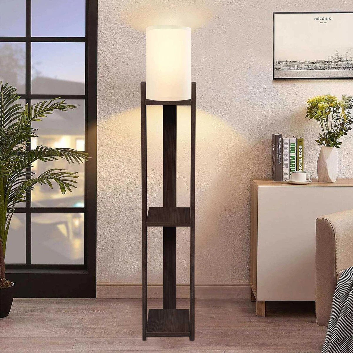 GloboStar® VENTORA 204-0126 Μοντέρνο Eπιδαπέδιο Φωτιστικό Μονόφωτο 1 x E27 IP20 Καφέ Ξύλο με Μπεζ Ύφασμα - Μ20 x Π20 x Υ142cm - ledmania.gr