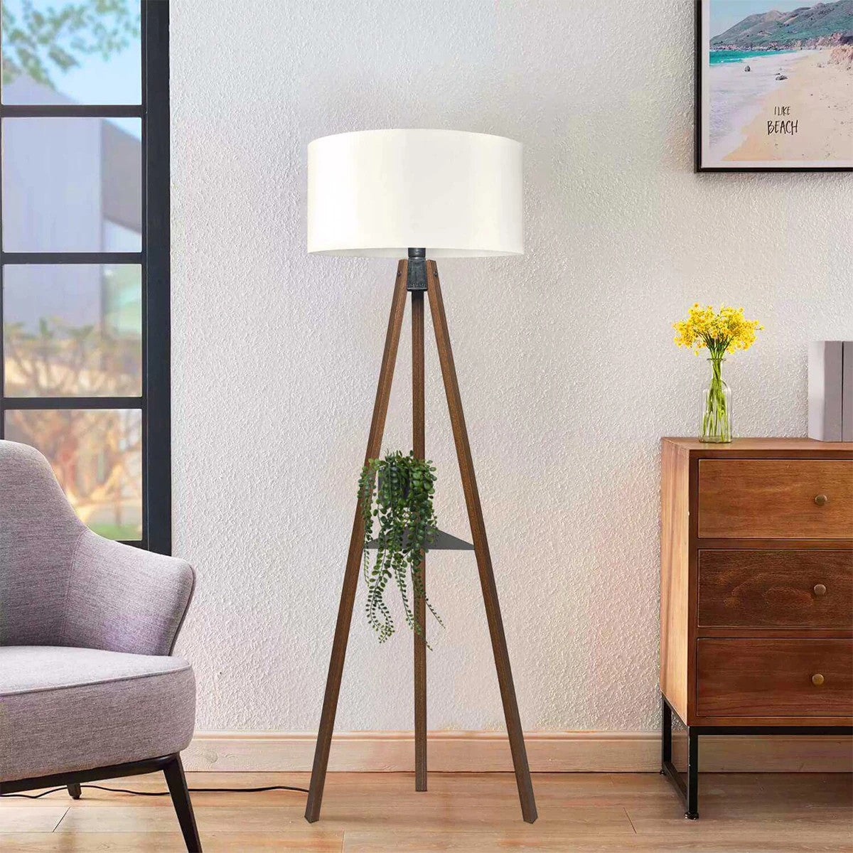 GloboStar® SHELF 204-0129 Μοντέρνο Eπιδαπέδιο Φωτιστικό Μονόφωτο 1 x E27 IP20 Καφέ Ξύλο με Μπεζ Ύφασμα - Μ38 x Π38 x Υ135cm - ledmania.gr