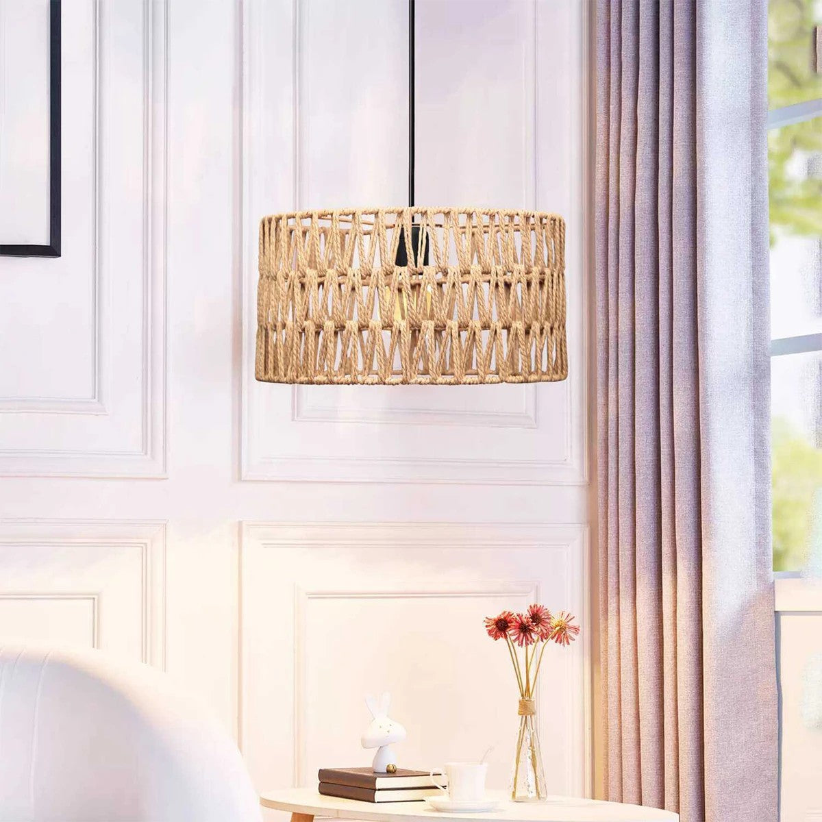 GloboStar® POMEGRANDE 204-0166 Boho Κρεμαστό Φωτιστικό Kαπέλο Μονόφωτο 1 x E27 IP20 Μπεζ Σχοινί - Μ30 x Π30 x Υ15cm - ledmania.gr