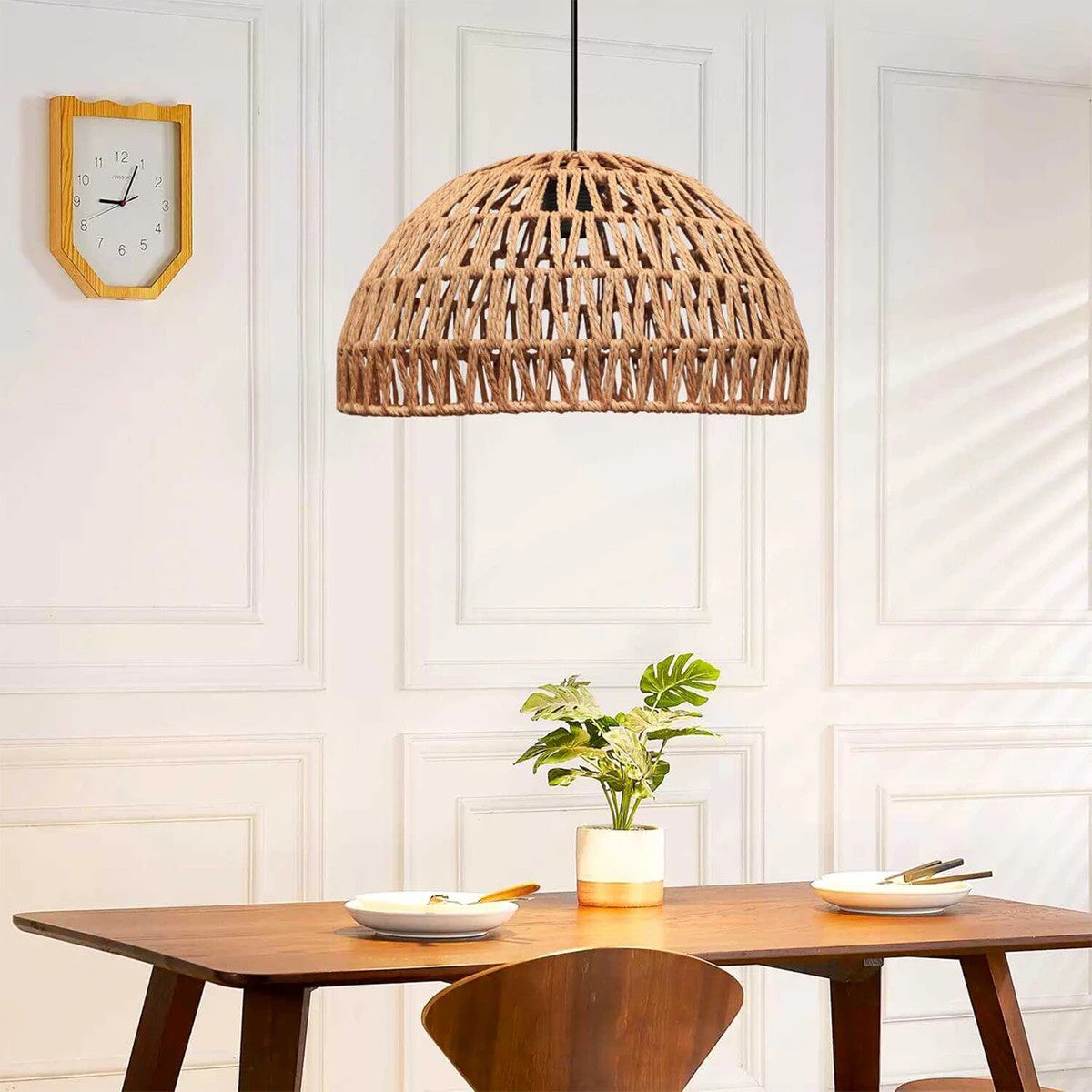 GloboStar® SAND 204-0167 Boho Κρεμαστό Φωτιστικό Καμπάνα Μονόφωτο 1 x E27 IP20 Μπεζ Σχοινί - Μ29 x Π29 x Υ16cm - ledmania.gr