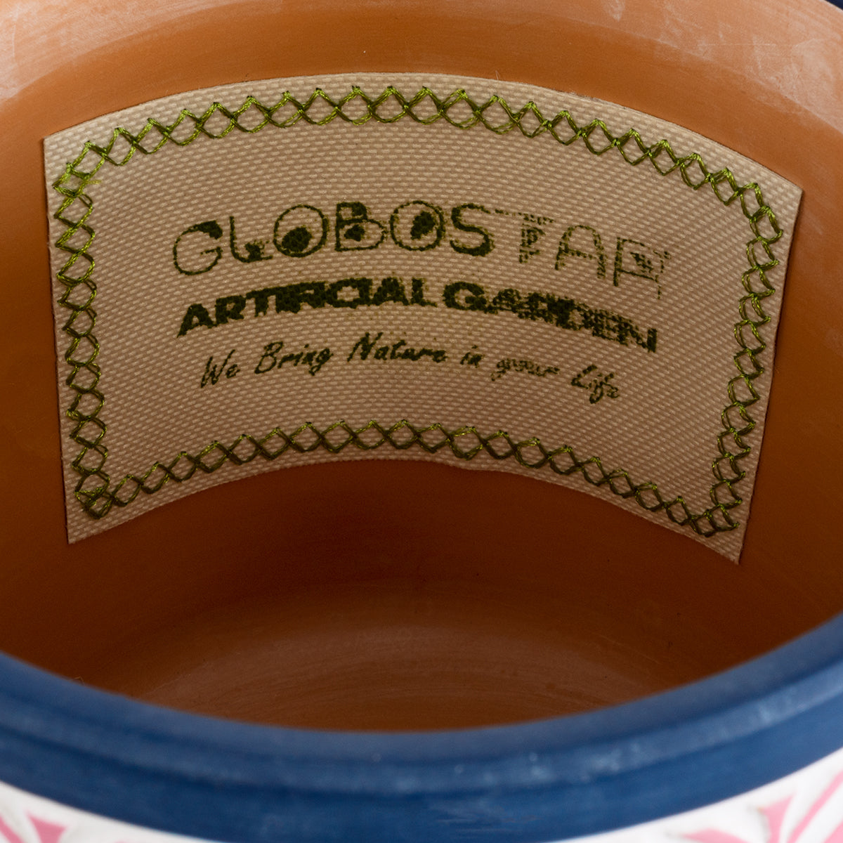 GloboStar® Artificial Garden BOMBAY 20521 Διακοσμητικό Κεραμικό Κασπώ Γλάστρα - Flower Pot Ροζ με Λευκό και Μπλε Φ14.5 x Υ13cm - ledmania.gr