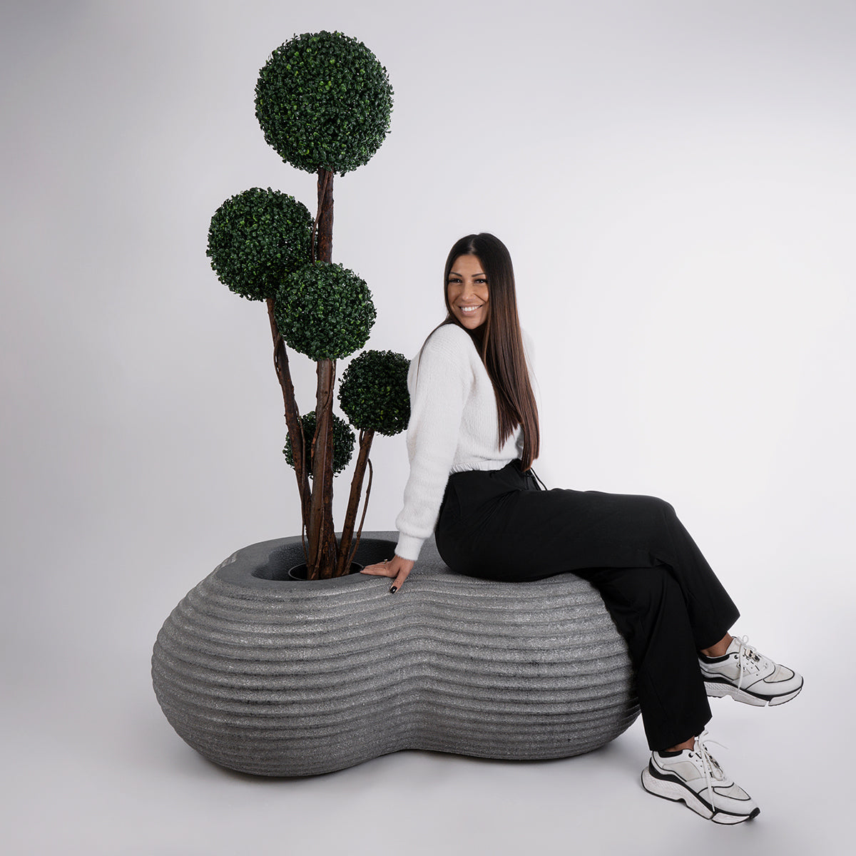 GloboStar® Artificial Garden FLORENCE 20751 Επιδαπέδιο Πολυεστερικό Τσιμεντένιο Κασπώ Γλάστρα - Flower Pot Γκρι Μ130 x Π90 x Υ48cm - ledmania.gr