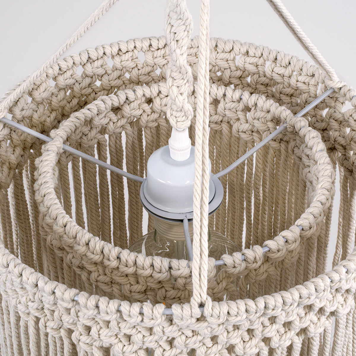GloboStar® ZAMBIA 36208 Boho Κρεμαστό Φωτιστικό Μακραμέ Μονόφωτο 1 x E27 IP20 Μπεζ Ύφασμα Μ30 x Π30 x Υ60cm - ledmania.gr