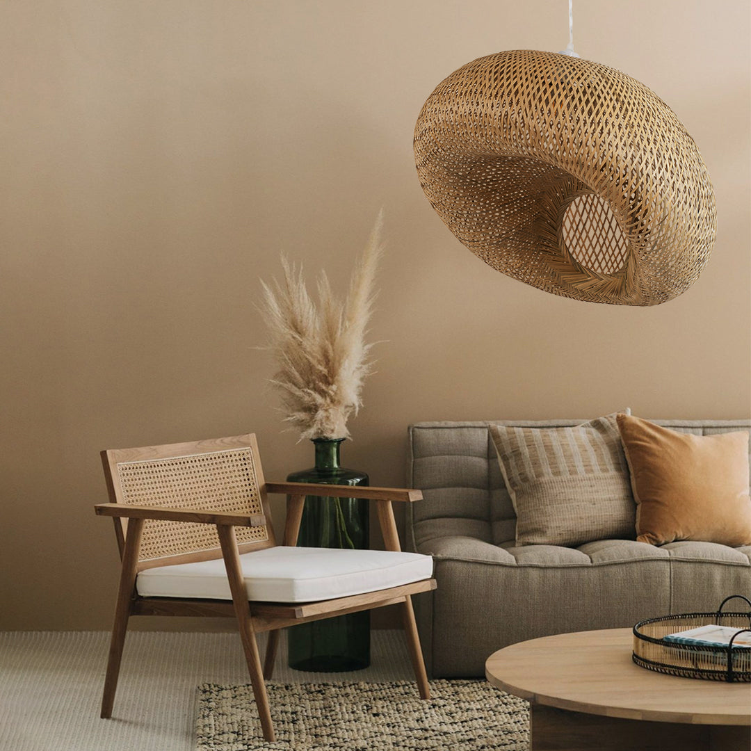 GloboStar® CARIBBEAN 01723 Boho Κρεμαστό Φωτιστικό Ανάρτηση Μονόφωτο 1 x E27 IP20 Μπεζ Ξύλο - Μ45 x Π45 x Υ24cm - ledmania.gr