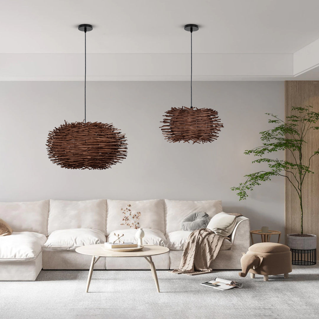 GloboStar® MINORCA 01733 Boho Κρεμαστό Φωτιστικό Ανάρτηση Μονόφωτο 1 x E27 IP20 Καφέ Ξύλο - Μ35 x Π35 x Y23cm - ledmania.gr