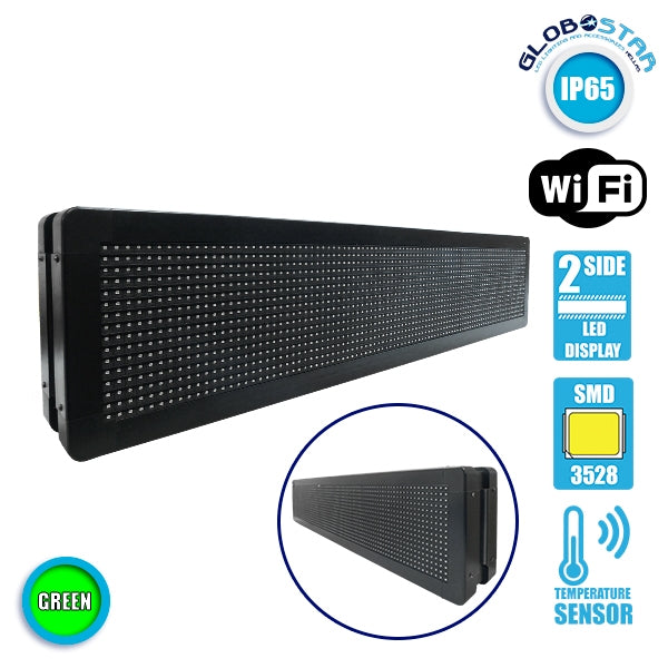 GLOBOSTAR® DISPLAY 90302 Κυλιόμενη Ψηφιακή Επιγραφή P10 Διπλής Όψης LED AC 220-240V Αδιάβροχο IP65 Πράσινο - WiFi Control μέσω FK APP - Αισθητήρας Θερμοκρασίας & Υγρασίας - Μ104 x Π12 x Υ20cm - 2 Χρόνια Εγγύηση