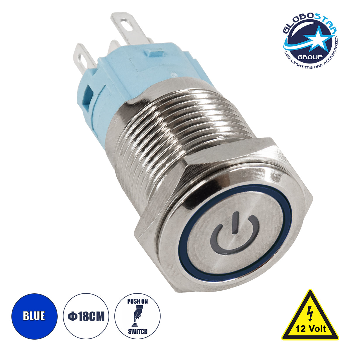 GloboStar® 70788 LED Φωτιζόμενος Διακόπτης Χωνευτός - Μπουτόν PUSH On Ανοξείδωτος DC 12V με Angel Eye Αδιάβροχο Φ18mm IP67 Μπλε - ledmania.gr