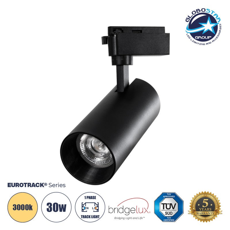 Globostar 60817 Μονοφασικό Bridgelux COB LED Μάυρο Φωτιστικό Σποτ Ράγας 30W 230V 3600lm 30° Θερμό Λευκό 3000k - ledmania.gr