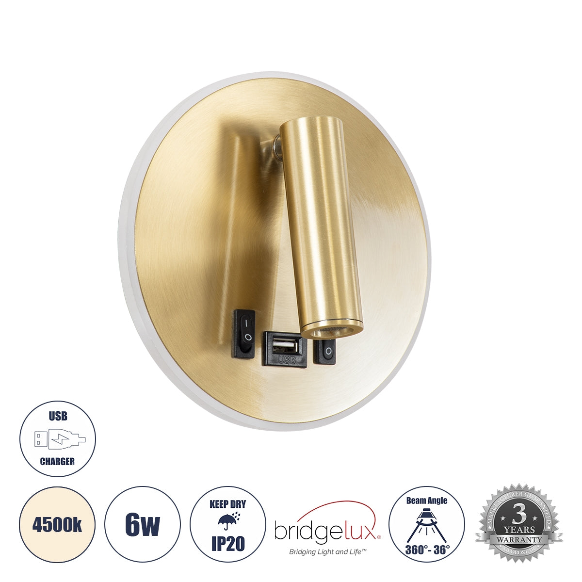GloboStar® LADY-R 60940 Μοντέρνο Φωτιστικό Τοίχου - Απλίκα Ξενοδοχείου Bed Side LED 6W 600lm 36° & 360° AC 220-240V - Reading Light & 360° Κρυφός Φωτισμός - Φορτιστής USB 3A - Μ10.5 x Π10 x Υ18.5cm - Φυσικό Λευκό 4500K - Χρυσό Βούρτσας - ledmania.gr