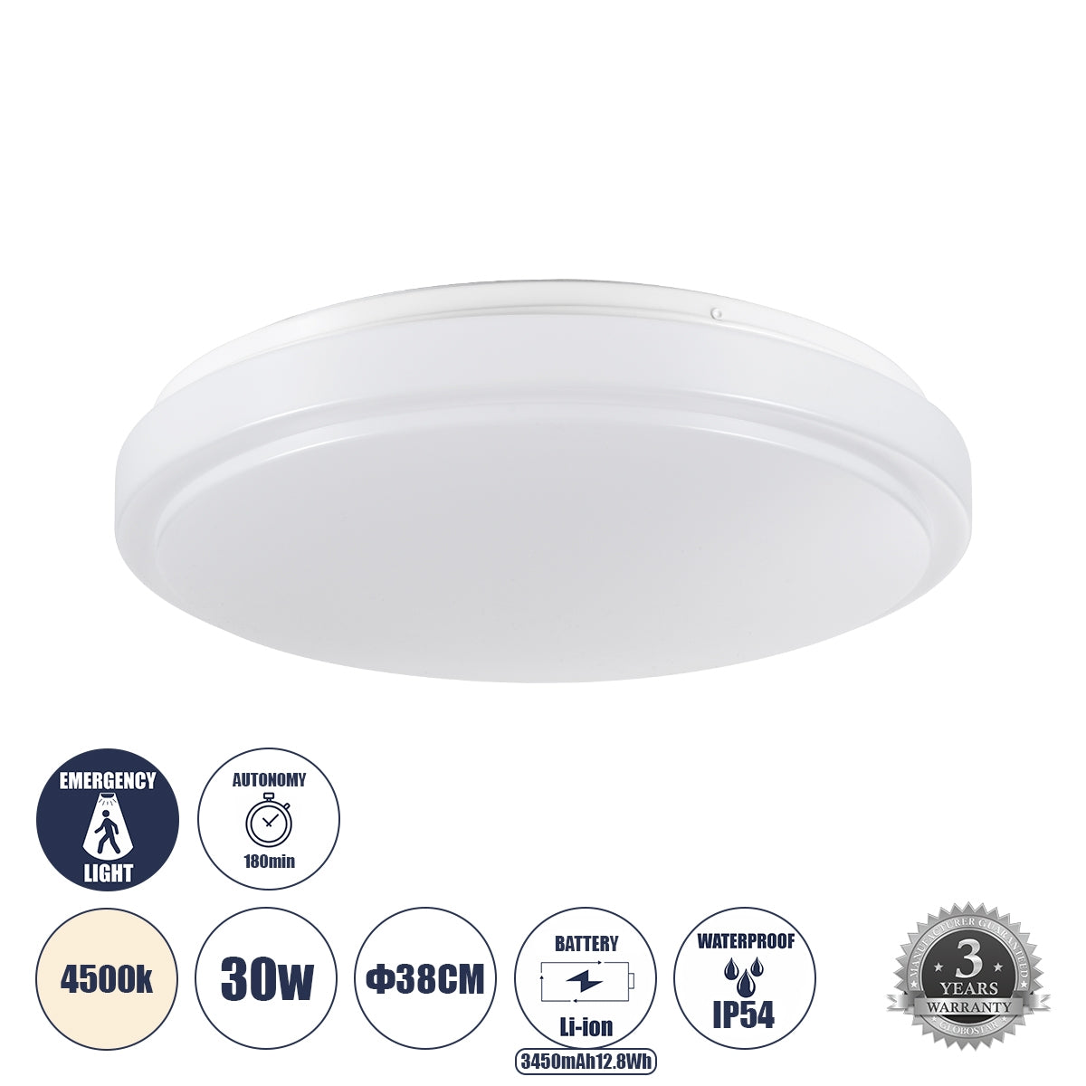 GloboStar® EMERGANO 60993 Πλαφονιέρα Οροφής LED 30W 2850lm 120° AC 220-240V με Ενσωματωμένο Σύστημα Emergency Li-ion 3450mAh/12.8Wh με Αυτονομία 3hrs - Αδιάβροχη IP54 Φ38 x Υ5.3cm Φυσικό Λευκό 4500K - Λευκό - Bridgelux Chips - 3 Years Warranty - ledmania.gr