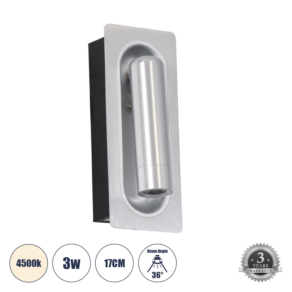 GloboStar® MANHATTAN 61099 Μοντέρνο Χωνευτό Φωτιστικό Τοίχου - Απλίκα Ξενοδοχείου Bed Side LED 3W 405lm 36° AC 220-240V - Reading Light - Μ7 x Π7 x Υ17cm - Φυσικό Λευκό 4500K - Νίκελ Βούρτσας - ledmania.gr