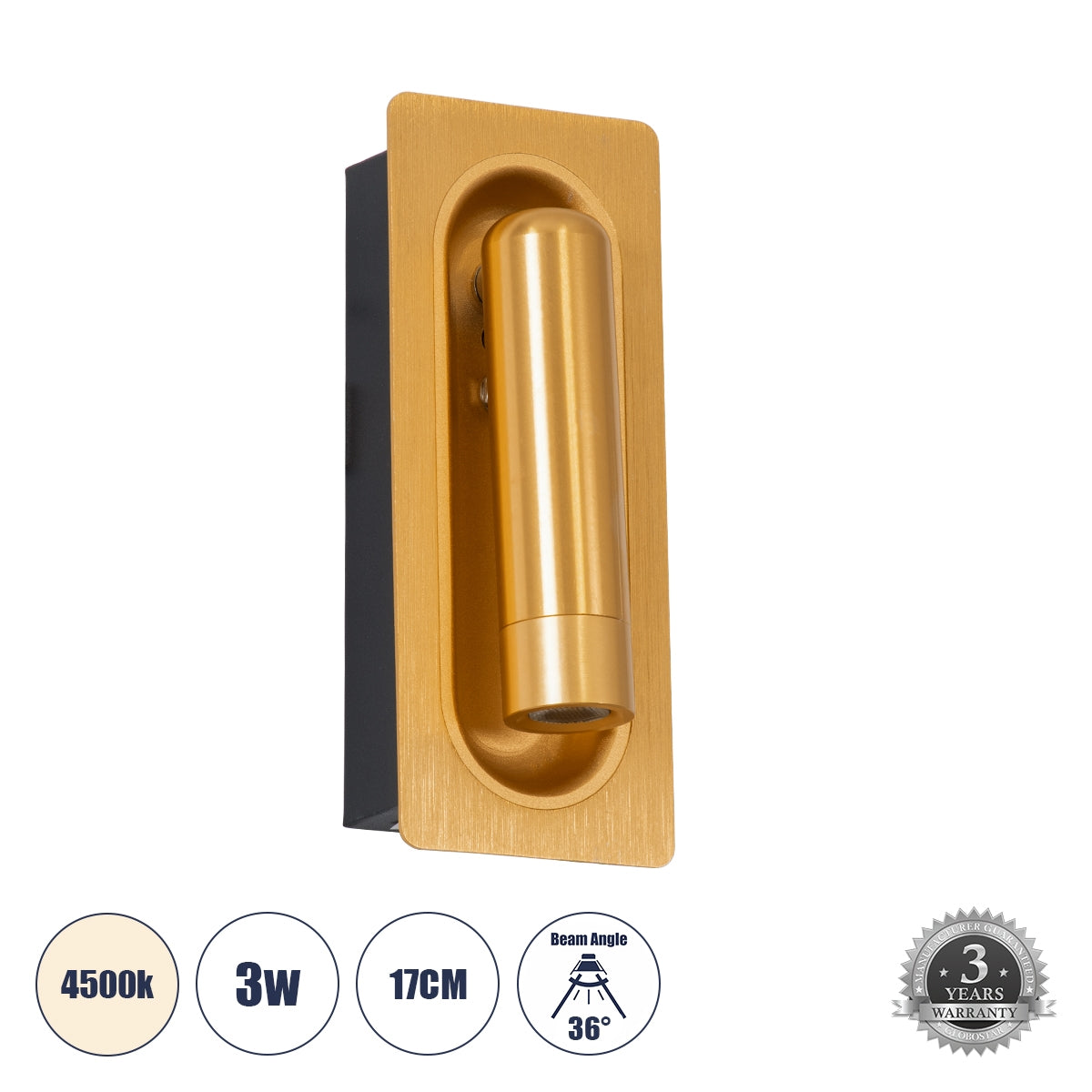 GloboStar® MANHATTAN 61100 Μοντέρνο Χωνευτό Φωτιστικό Τοίχου - Απλίκα Ξενοδοχείου Bed Side LED 3W 405lm 36° AC 220-240V - Reading Light - Μ7 x Π7 x Υ17cm - Φυσικό Λευκό 4500K - Χρυσό Βούρτσας - ledmania.gr