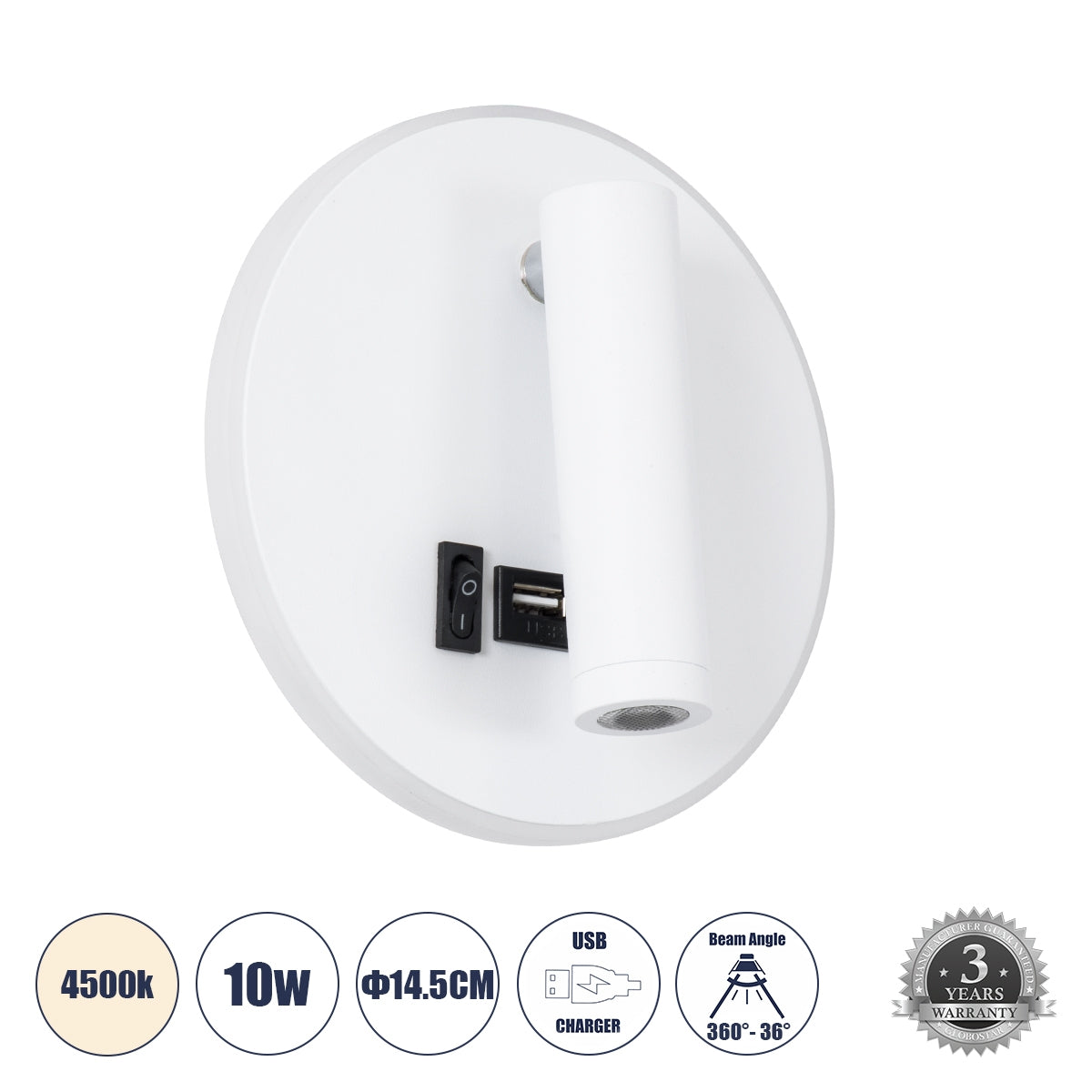 GloboStar® JERSEY 61102 Μοντέρνο Φωτιστικό Τοίχου - Απλίκα Ξενοδοχείου Bed Side LED 10W 1380lm 36° & 360° AC 220-240V - Reading Light & 360° Κρυφός Φωτισμός - Φορτιστής USB 3A - Φ14.5 x Π4cm - Φυσικό Λευκό 4500K - Λευκό - ledmania.gr