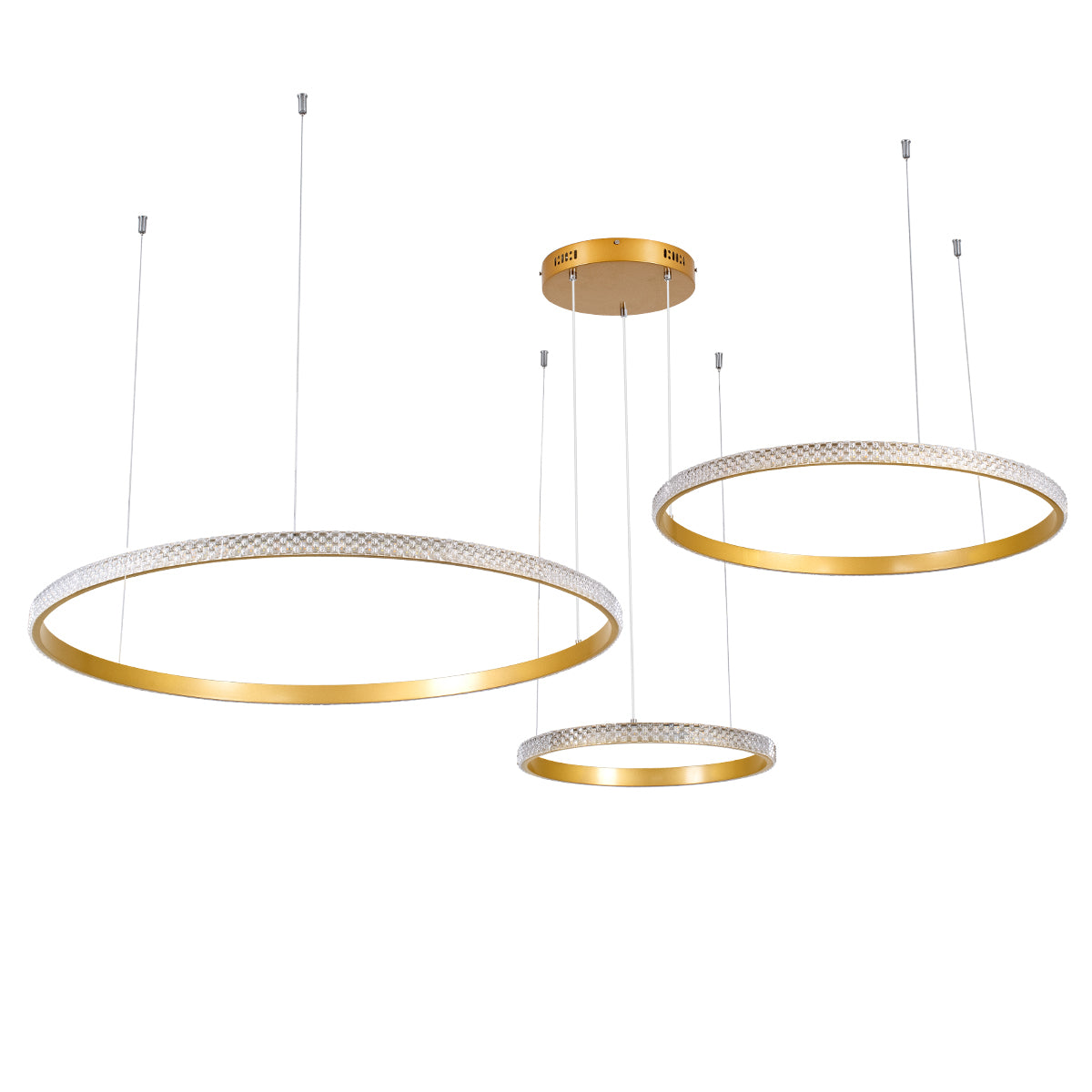 GLOBOSTAR® DIAMOND TRIO 61145 Μοντέρνο Κρεμαστό Φωτιστικό Οροφής LED 120W 14723lm 360° AC 220-240V IP20 Ρυθμιζόμενο Λευκό CCT με Χειριστήριο από 2700K έως 6000K Dimmable - Lumileds SMD Chip - Χρυσό Βούρτσας - Μ150 x Π150 x Υ60cm - 3 Χρόνια Εγγύηση - ledmania.gr