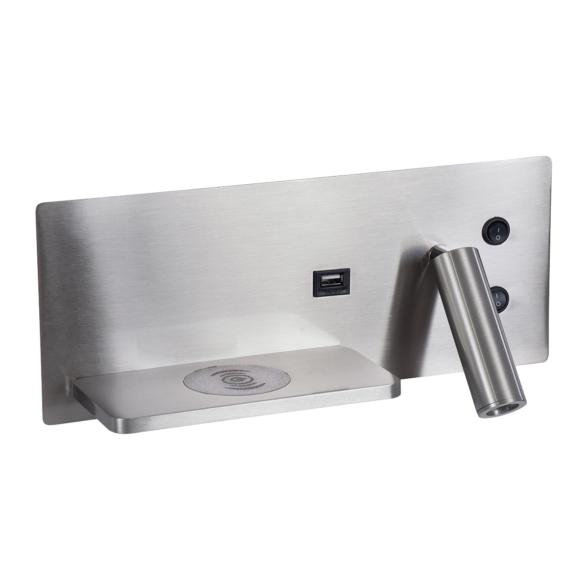 GloboStar® PALADIN 61355 Μοντέρνο Φωτιστικό Τοίχου - Απλίκα Ξενοδοχείου Bed Side LED 6W 720lm 36° AC 220-240V - Reading Light & Κρυφός Φωτισμός - Φορτιστές USB 3A & Wireless 20W - Μ30 x Π11 x Υ12cm - Φυσικό Λευκό 4500K - Νίκελ Βούρτσας - Αριστερό - ledmania.gr