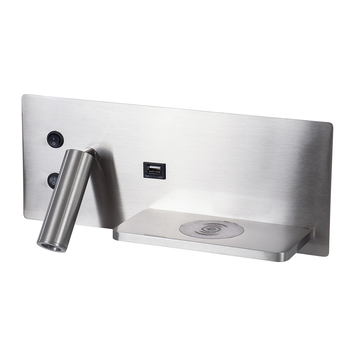 GloboStar® PALADIN 61356 Μοντέρνο Φωτιστικό Τοίχου - Απλίκα Ξενοδοχείου Bed Side LED 6W 720lm 36° AC 220-240V - Reading Light & Κρυφός Φωτισμός - Φορτιστές USB 3A & Wireless 20W - Μ30 x Π11 x Υ12cm - Φυσικό Λευκό 4500K - Νίκελ Βούρτσας - Δεξί - ledmania.gr