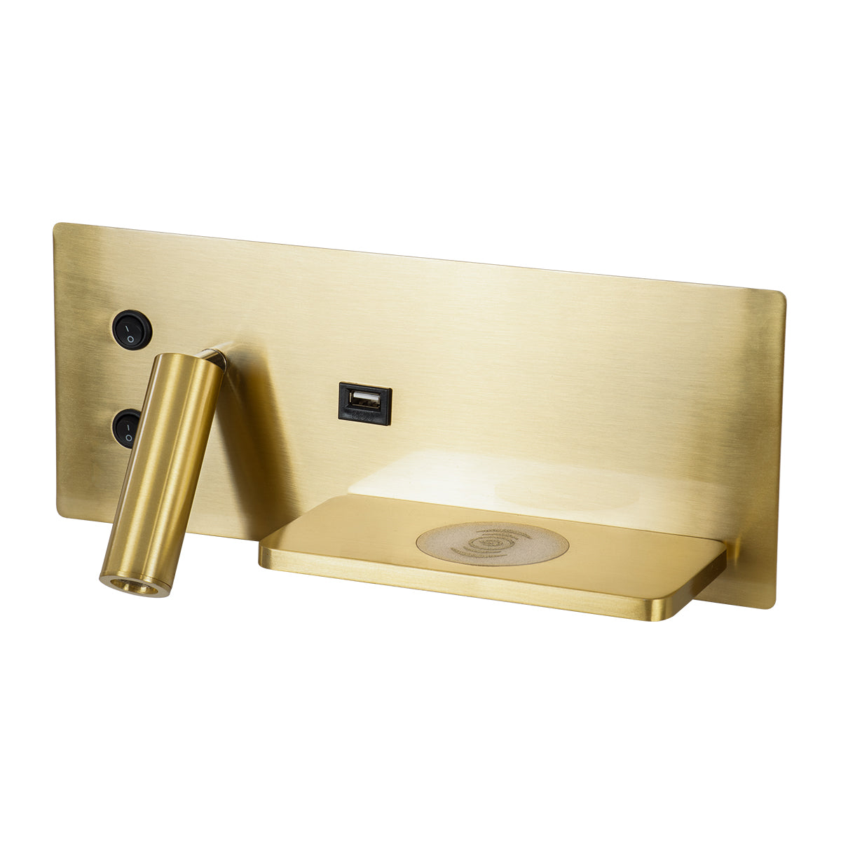 GloboStar® PALADIN 61358 Μοντέρνο Φωτιστικό Τοίχου - Απλίκα Ξενοδοχείου Bed Side LED 6W 720lm 36° AC 220-240V - Reading Light & Κρυφός Φωτισμός - Φορτιστές USB 3A & Wireless 20W - Μ30 x Π11 x Υ12cm - Φυσικό Λευκό 4500K - Χρυσό Βούρτσας - Δεξί - ledmania.gr