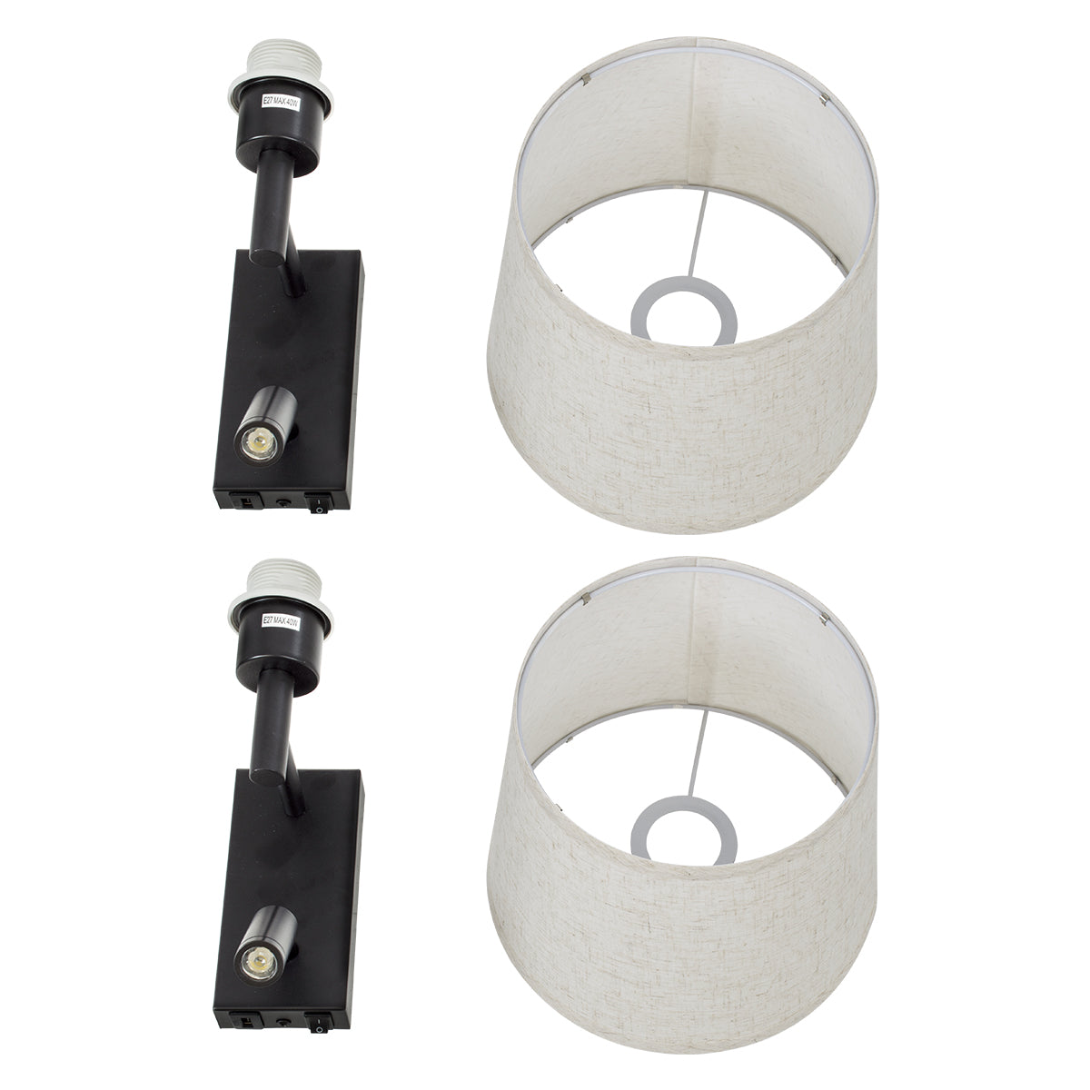 GloboStar® ROULETTE-R 61379 Μοντέρνο Φωτιστικό Τοίχου - Απλίκα Ξενοδοχείου Bed Side LED 3W 360lm & 1 x E27 36° & 360° AC 220-240V - Reading Up/Down Light - Φορτιστής USB 3A - Μ22 x Π23.5 x Υ37cm - Φυσικό Λευκό 4500K - Μαύρο με Μπεζ Καπέλο - Σετ 2 Τεμαχίων - ledmania.gr