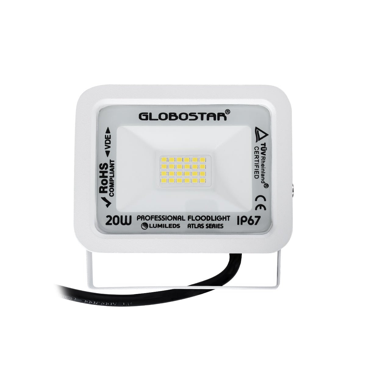 GLOBOSTAR® ATLAS 61408 Προβολέας LED 20W 2400lm 120° AC 220-240V Αδιάβροχο IP67 Φυσικό Λευκό 4500K - Lumileds SMD Chip - TÜV Rheinland Certified - Λευκό Ματ - Μ12 x Π2.5 x Υ9.5cm - 5 Χρόνια Εγγύηση