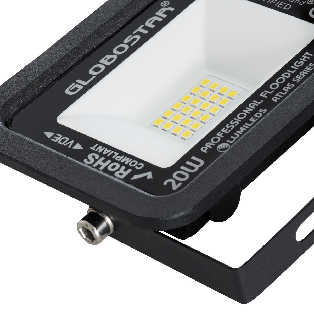 GLOBOSTAR® ATLAS 61411 Προβολέας LED 20W 2400lm 120° AC 220-240V Αδιάβροχο IP67 Φυσικό Λευκό 4500K - Lumileds SMD Chip - TÜV Rheinland Certified - Μαύρο Ματ - Μ12 x Π2.5 x Υ9.5cm - 5 Χρόνια Εγγύηση
