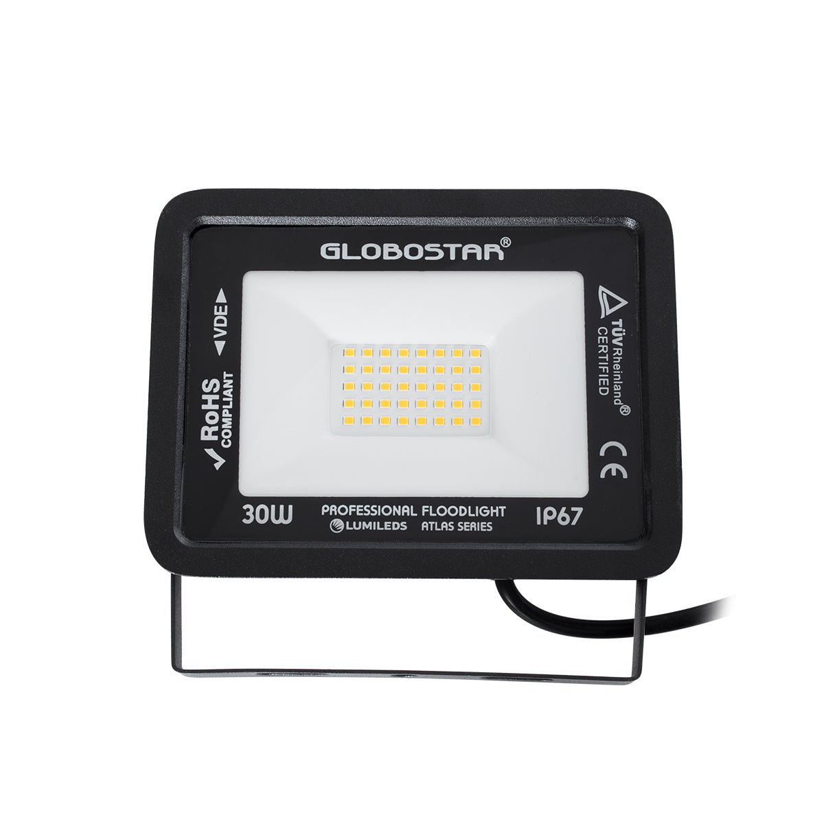 GLOBOSTAR® ATLAS 61418 Προβολέας LED 30W 3450lm 120° AC 220-240V Αδιάβροχο IP67 Θερμό Λευκό 2700K - Lumileds SMD Chip - TÜV Rheinland Certified - Μαύρο Ματ - Μ16 x Π2.5 x Υ12.5cm - 5 Χρόνια Εγγύηση