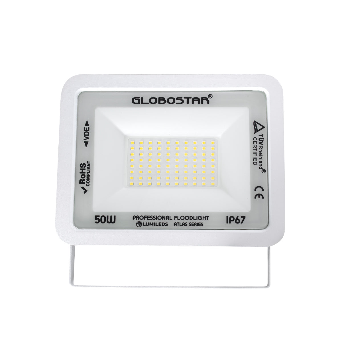 GLOBOSTAR® ATLAS 61420 Προβολέας LED 50W 6000lm 120° AC 220-240V Αδιάβροχο IP67 Φυσικό Λευκό 4500K - Lumileds SMD Chip - TÜV Rheinland Certified - Λευκό Ματ - Μ21 x Π3.5 x Υ16cm - 5 Χρόνια Εγγύηση