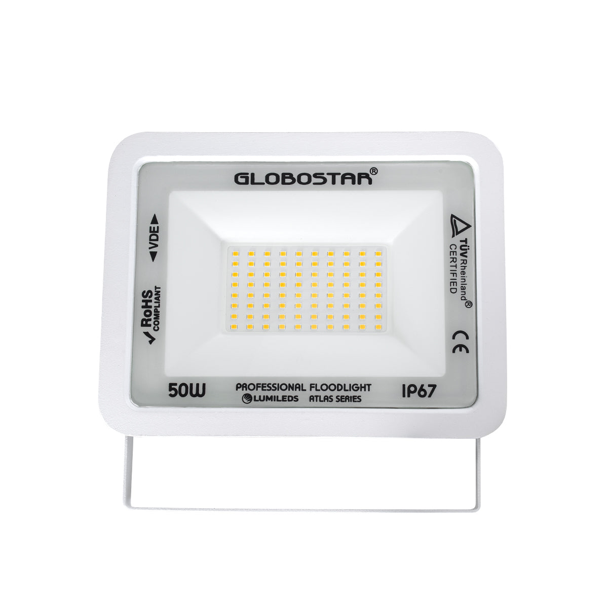 GLOBOSTAR® ATLAS 61421 Προβολέας LED 50W 5750lm 120° AC 220-240V Αδιάβροχο IP67 Θερμό Λευκό 2700K - Lumileds SMD Chip - TÜV Rheinland Certified - Λευκό Ματ - Μ21 x Π3.5 x Υ16cm - 5 Χρόνια Εγγύηση