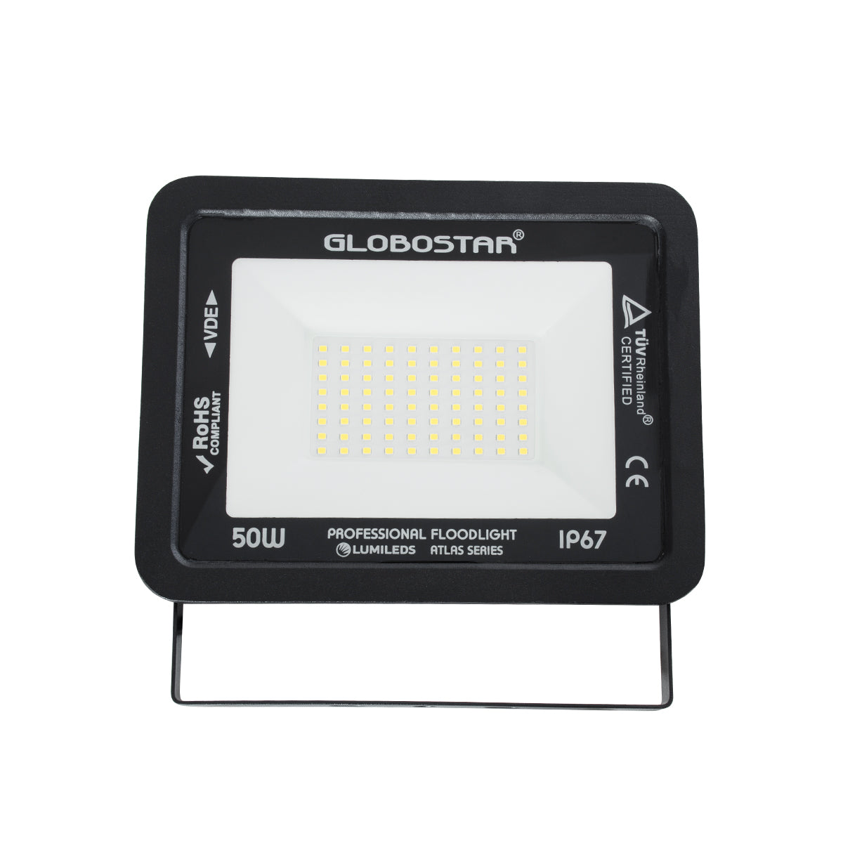 GLOBOSTAR® ATLAS 61423 Προβολέας LED 50W 6000lm 120° AC 220-240V Αδιάβροχο IP67 Φυσικό Λευκό 4500K - Lumileds SMD Chip - TÜV Rheinland Certified - Μαύρο Ματ - Μ21 x Π3.5 x Υ16cm - 5 Χρόνια Εγγύηση