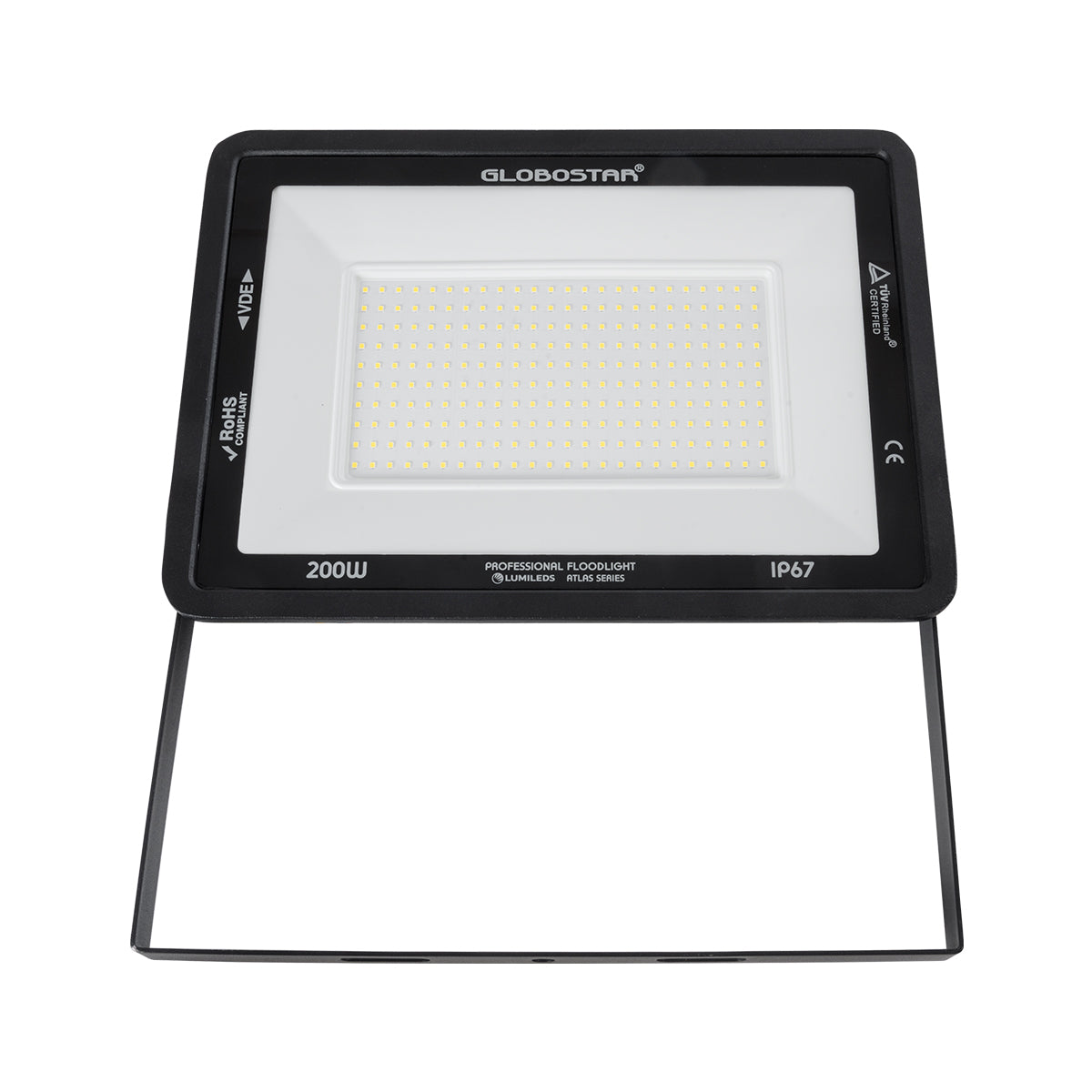 GLOBOSTAR® ATLAS 61432 Προβολέας LED 200W 24000lm 120° AC 220-240V Αδιάβροχο IP67 Φυσικό Λευκό 4500K - Lumileds SMD Chip - TÜV Rheinland Certified - Μαύρο Ματ - Μ38 x Π4 x Υ28cm - 5 Χρόνια Εγγύηση