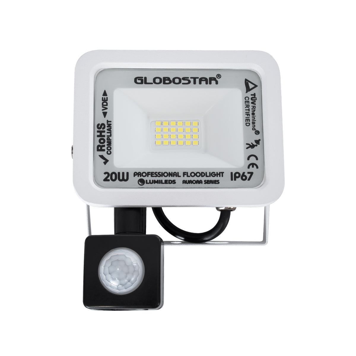 GLOBOSTAR® AURORA 61438 Προβολέας με Ανιχνευτή PIR / Αισθητήρα Κίνησης LED 20W 2500lm 120° AC 220-240V Αδιάβροχο IP67 Ψυχρό Λευκό 6000K - Lumileds SMD Chip - TÜV Rheinland Certified - Λευκό Ματ - Μ12 x Π5 x Υ14.5cm - 3 Χρόνια Εγγύηση