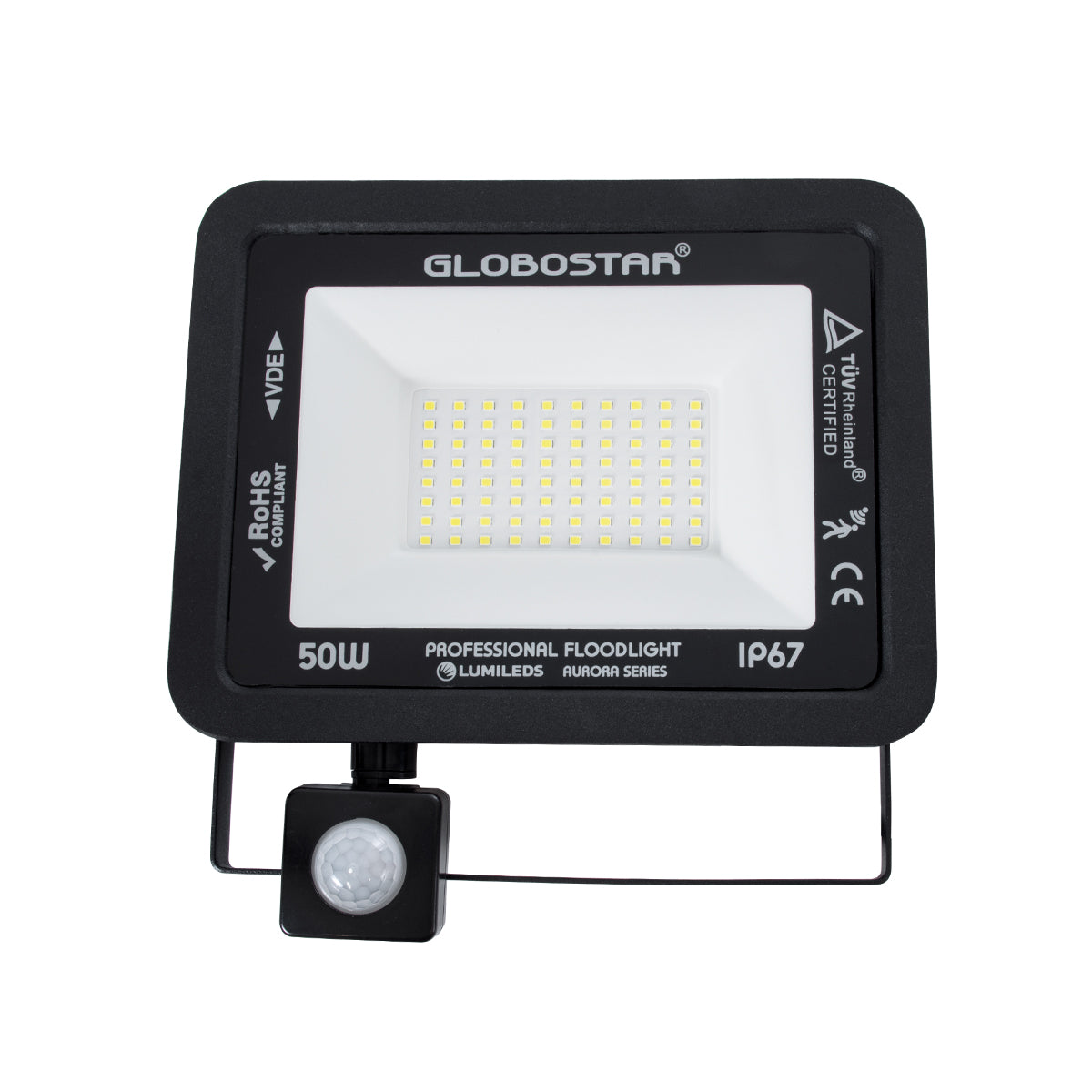 GLOBOSTAR® AURORA 61441 Προβολέας με Ανιχνευτή PIR / Αισθητήρα Κίνησης LED 50W 6250lm 120° AC 220-240V Αδιάβροχο IP67 Ψυχρό Λευκό 6000K - Lumileds SMD Chip - TÜV Rheinland Certified - Μαύρο Ματ - Μ21 x Π5 x Υ21cm - 3 Χρόνια Εγγύηση