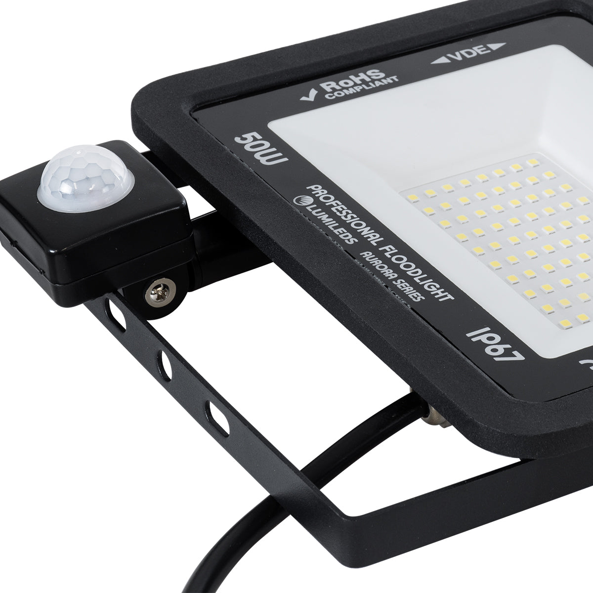 GLOBOSTAR® AURORA 61441 Προβολέας με Ανιχνευτή PIR / Αισθητήρα Κίνησης LED 50W 6250lm 120° AC 220-240V Αδιάβροχο IP67 Ψυχρό Λευκό 6000K - Lumileds SMD Chip - TÜV Rheinland Certified - Μαύρο Ματ - Μ21 x Π5 x Υ21cm - 3 Χρόνια Εγγύηση