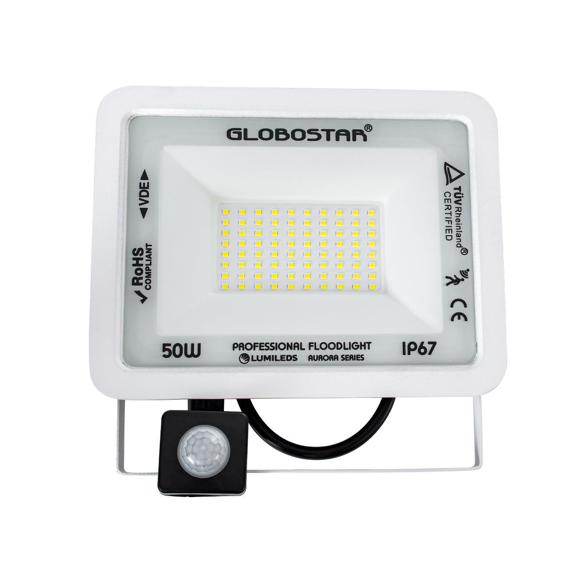 GLOBOSTAR® AURORA 61442 Προβολέας με Ανιχνευτή PIR / Αισθητήρα Κίνησης LED 50W 6250lm 120° AC 220-240V Αδιάβροχο IP67 Ψυχρό Λευκό 6000K - Lumileds SMD Chip - TÜV Rheinland Certified - Λευκό Ματ - Μ21 x Π5 x Υ21cm - 3 Χρόνια Εγγύηση
