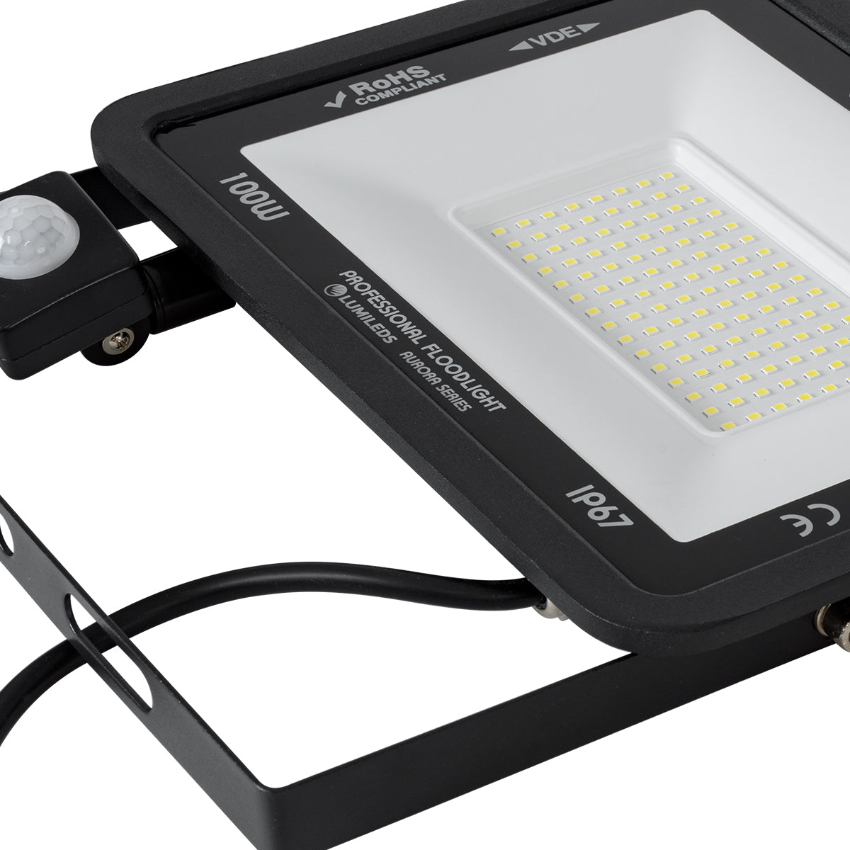 GLOBOSTAR® AURORA 61443 Προβολέας με Ανιχνευτή PIR / Αισθητήρα Κίνησης LED 100W 12500lm 120° AC 220-240V Αδιάβροχο IP67 Ψυχρό Λευκό 6000K - Lumileds SMD Chip - TÜV Rheinland Certified - Μαύρο Ματ - Μ25 x Π6.5 x Υ27.5cm - 3 Χρόνια Εγγύηση