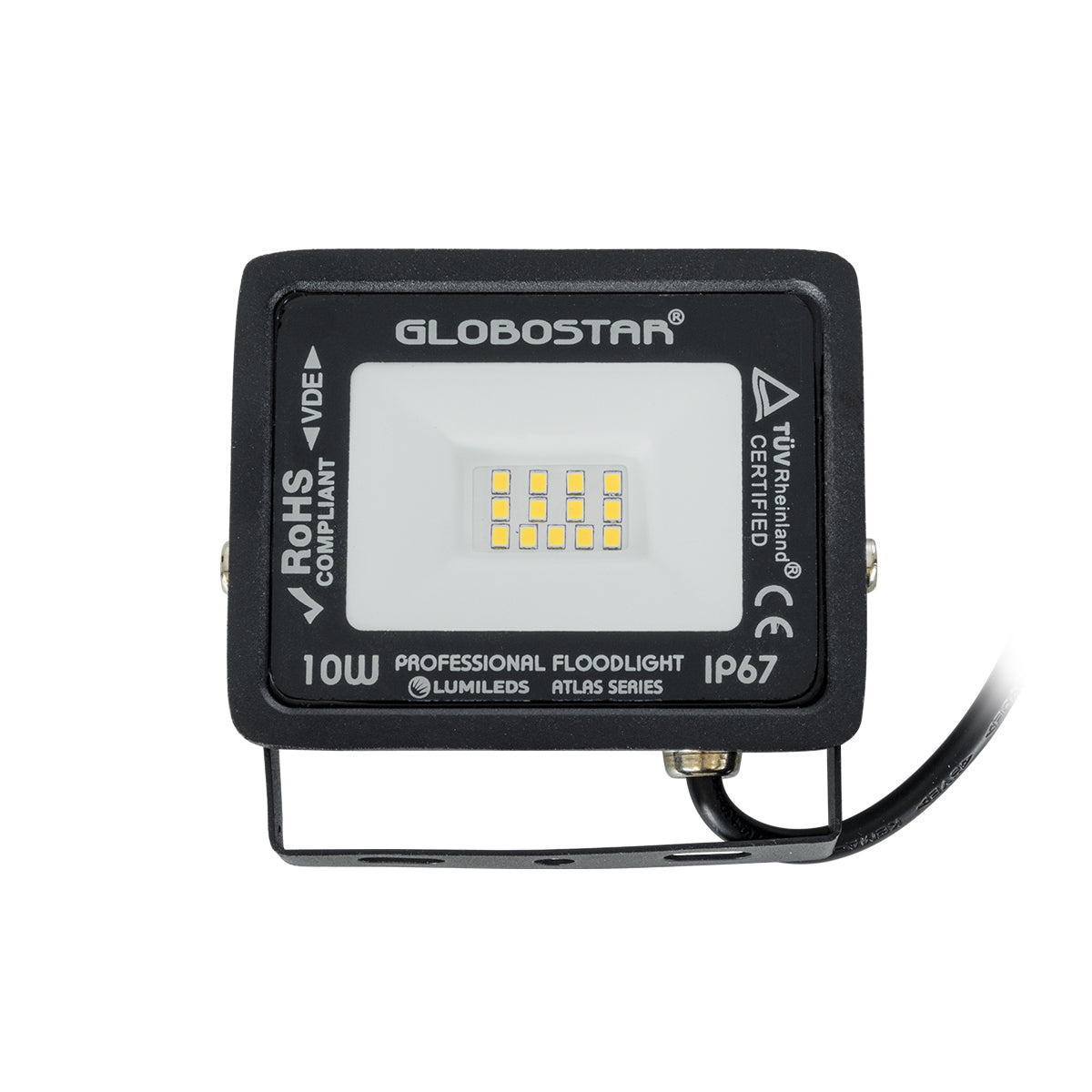 GLOBOSTAR® ATLAS 61517 Προβολέας LED 10W 1150lm 120° AC 220-240V Αδιάβροχο IP67 Θερμό Λευκό 2700K - Lumileds SMD Chip - TÜV Rheinland Certified - Μαύρο Ματ - Μ10 x Π2 x Υ8cm - 5 Χρόνια Εγγύηση