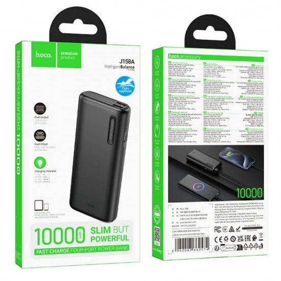 Hoco J158A Power Bank Runner 10000mAh Fast Charge 5V/2A Slim με 2xUSB-A 1xUSB-C 1xMicro USB και LED Ένδειξη Μπαταρίας Μαύρο - ledmania.gr
