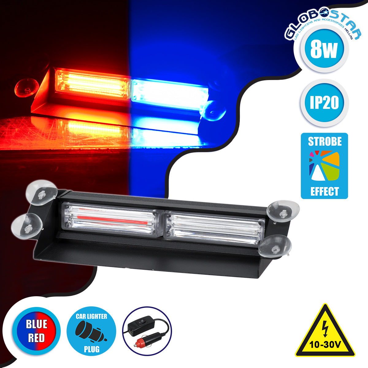 GloboStar® 85117 PRO Series Μπάρα Σήμανσης με Βεντούζες για Παρμπρίζ Οχήματος Αστυνομίας για Αυτοκίνητα & Φορτηγά 13 Προγραμμάτων Φωτισμού LED CREE CXB COB 18W DC 10-30V IP20 Κόκκινο & Μπλε - ledmania.gr