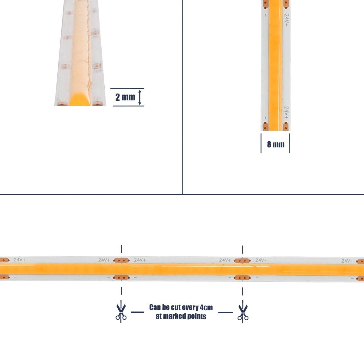 GLOBOSTAR® BEE 70362 Ταινία LED 8W/m 640lm/m 120° DC 24V IP20 320 x COB Chip/m Ultra Θερμό Λευκό 2200K Dimmable - Μ500 x Π0.8 x Υ0.2cm - Ρολό 5 Μέτρων - 5 Χρόνια Εγγύηση - ledmania.gr