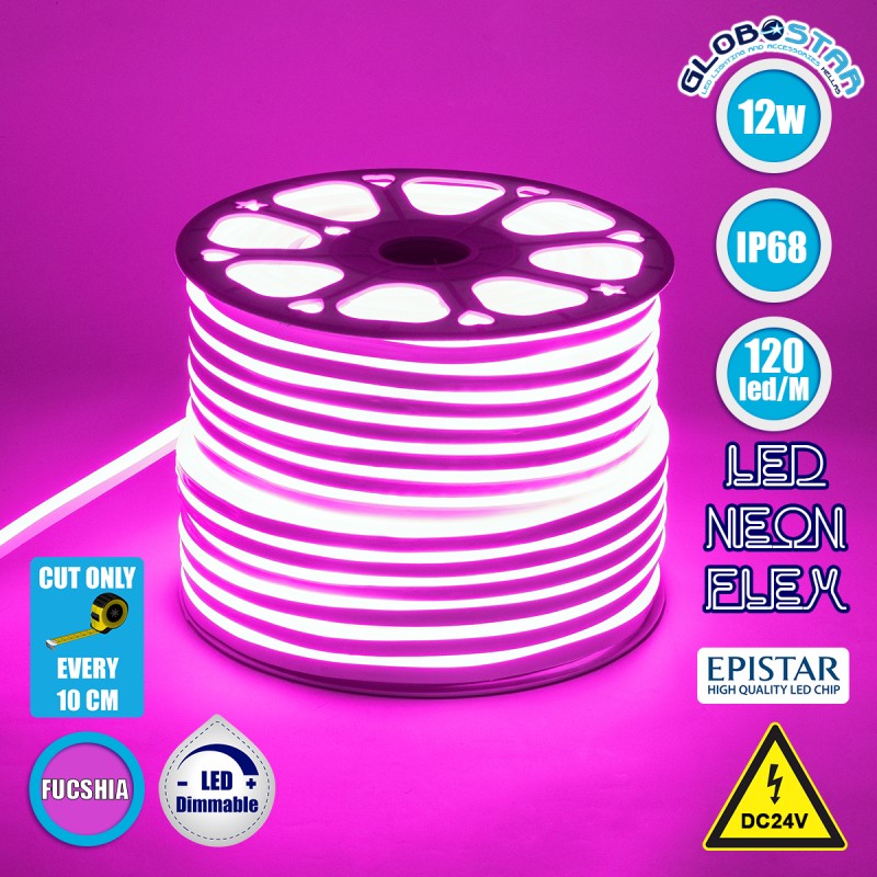 GloboStar® 70567 OVALE 120° Degree Neon Flex Epistar LED SMD 2835 1m 12W/m 120LED/m 1212lm/m 120° DC 24V Αδιάβροχη IP68 Ροζ Dimmable - ledmania.gr