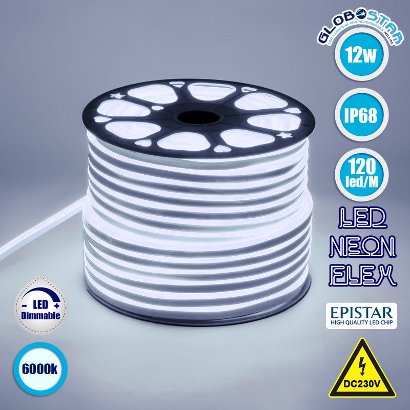 GloboStar® 70570 OVALE 120° Degree Neon Flex Epistar LED SMD 2835 1m 12W/m 120LED/m 1320lm/m 120° DC 230V Αδιάβροχη IP68 Ψυχρό Λευκό 6000K Dimmable - ledmania.gr