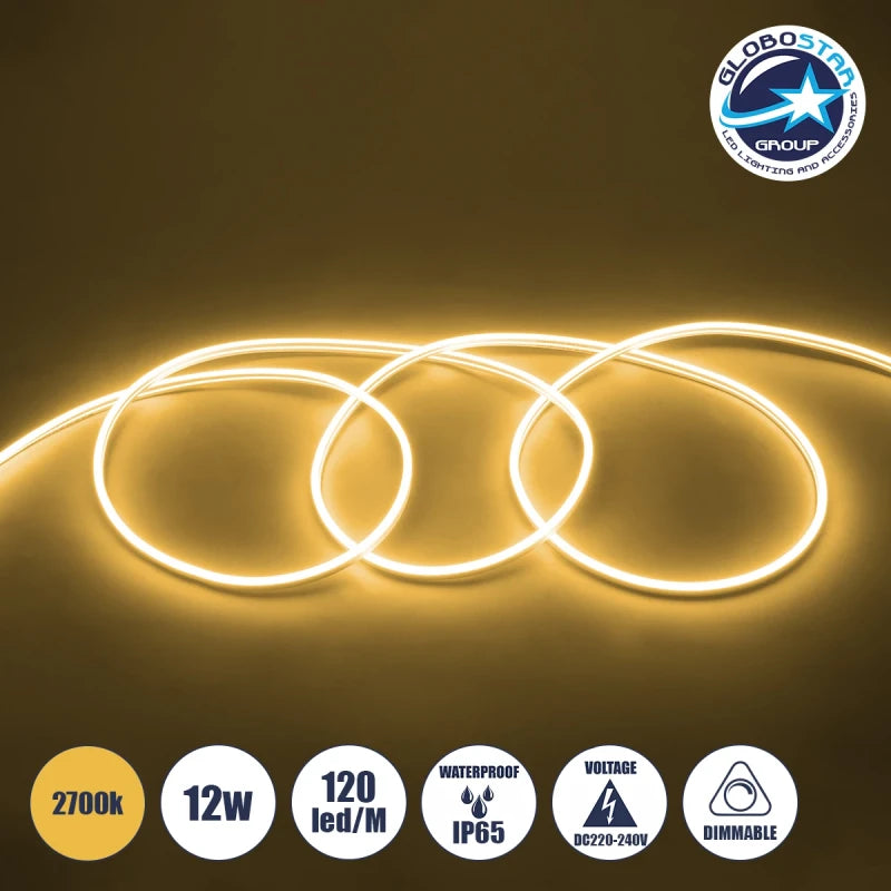 GLOBOSTAR® NEOVALE 70572 Ταινία Neon Flex LED 12W/m 840lm/m 120° DC 220-240V Αδιάβροχο IP65 120 x SMD2835 Chip/m Θερμό Λευκό 2700K Dimmable - Μ100 x Π0.8 x Υ1.6cm - 3 Χρόνια Εγγύηση - ledmania.gr