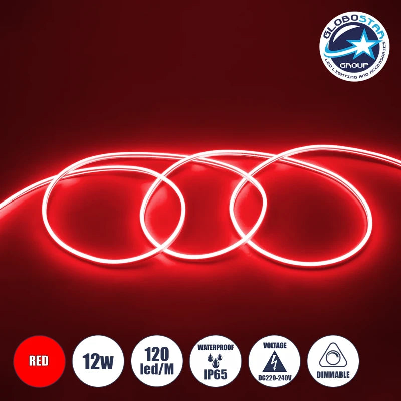GLOBOSTAR® NEOVALE 70573 Ταινία Neon Flex LED 12W/m 600lm/m 120° DC 220-240V Αδιάβροχο IP65 120 x SMD2835 Chip/m Κόκκινο Dimmable - Μ100 x Π0.8 x Υ1.6cm - 3 Χρόνια Εγγύηση - ledmania.gr